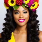 A woman of color wearing a crown of flowers to represent inner beauty